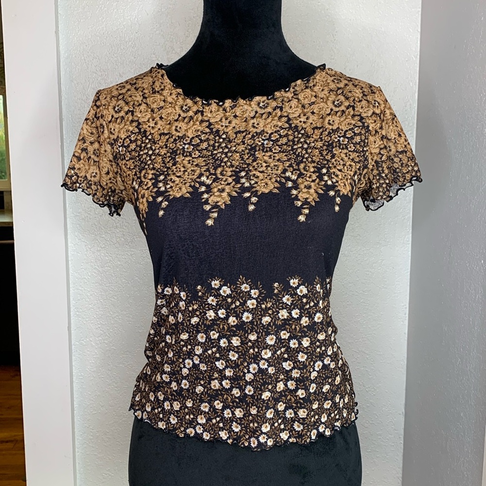 Flash Jeans tan floral print lace black sheer stretch vintage top short sleeve S